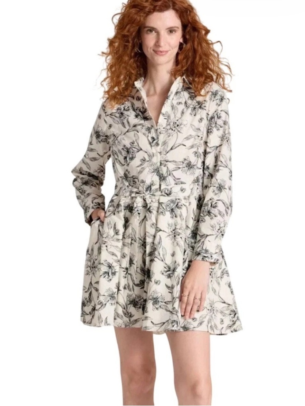 A new day, women’s white and black floral long sleeve shirt dress size small